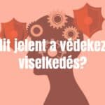 Abstract human head silhouette with gears and shields inside, representing defensive behavior psychology, soft neutral colors, illustrative style.