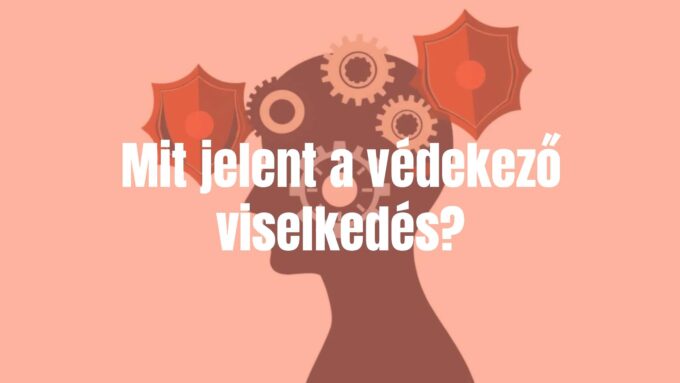 Abstract human head silhouette with gears and shields inside, representing defensive behavior psychology, soft neutral colors, illustrative style.