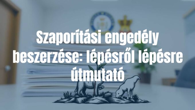 A stack of official documents with a plant and animal illustration in the foreground, representing a breeding permit application process, bright and professional office setting.