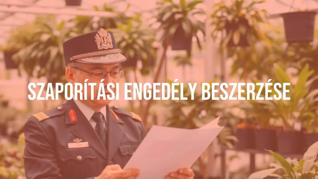 A government official reviewing a plant propagation license document, greenhouse with healthy plants in the background, professional setting, realistic.