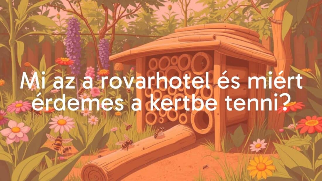 A rustic insect hotel in a garden setting, filled with bamboo tubes, drilled logs, and natural materials, attracting bees and ladybugs, sunny and vibrant, illustrative style.