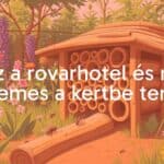 A rustic insect hotel in a garden setting, filled with bamboo tubes, drilled logs, and natural materials, attracting bees and ladybugs, sunny and vibrant, illustrative style.