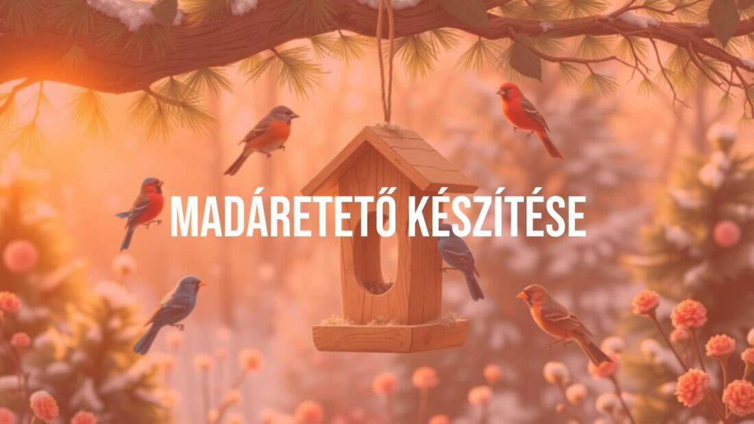 A handcrafted wooden bird feeder hanging from a tree branch, surrounded by colorful birds, cozy winter garden, warm sunlight, illustrative style.