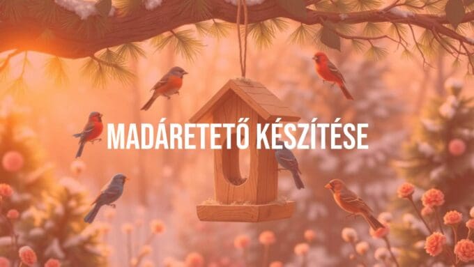 A handcrafted wooden bird feeder hanging from a tree branch, surrounded by colorful birds, cozy winter garden, warm sunlight, illustrative style.