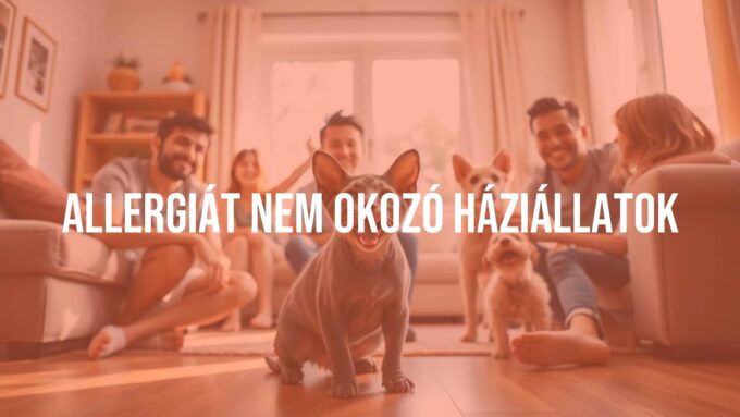 A happy family with hypoallergenic pets, including a hairless cat and a small dog, playing together in a clean, bright living room, realistic.