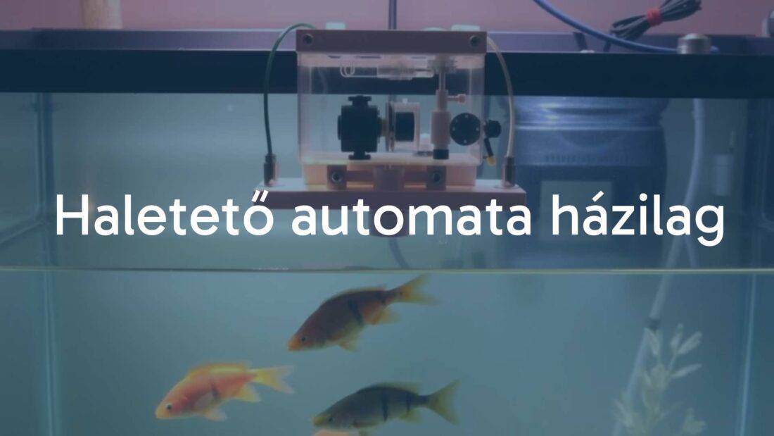 A homemade automatic fish feeder device above an aquarium, with fish swimming below, DIY setting, simple mechanical parts, clean and functional design, warm lighting.
