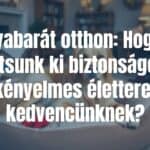 A cozy, dog-friendly home interior with a happy golden retriever on a soft bed, safe dog toys scattered around, pet-proof furniture, and warm lighting, inviting and comfortable.